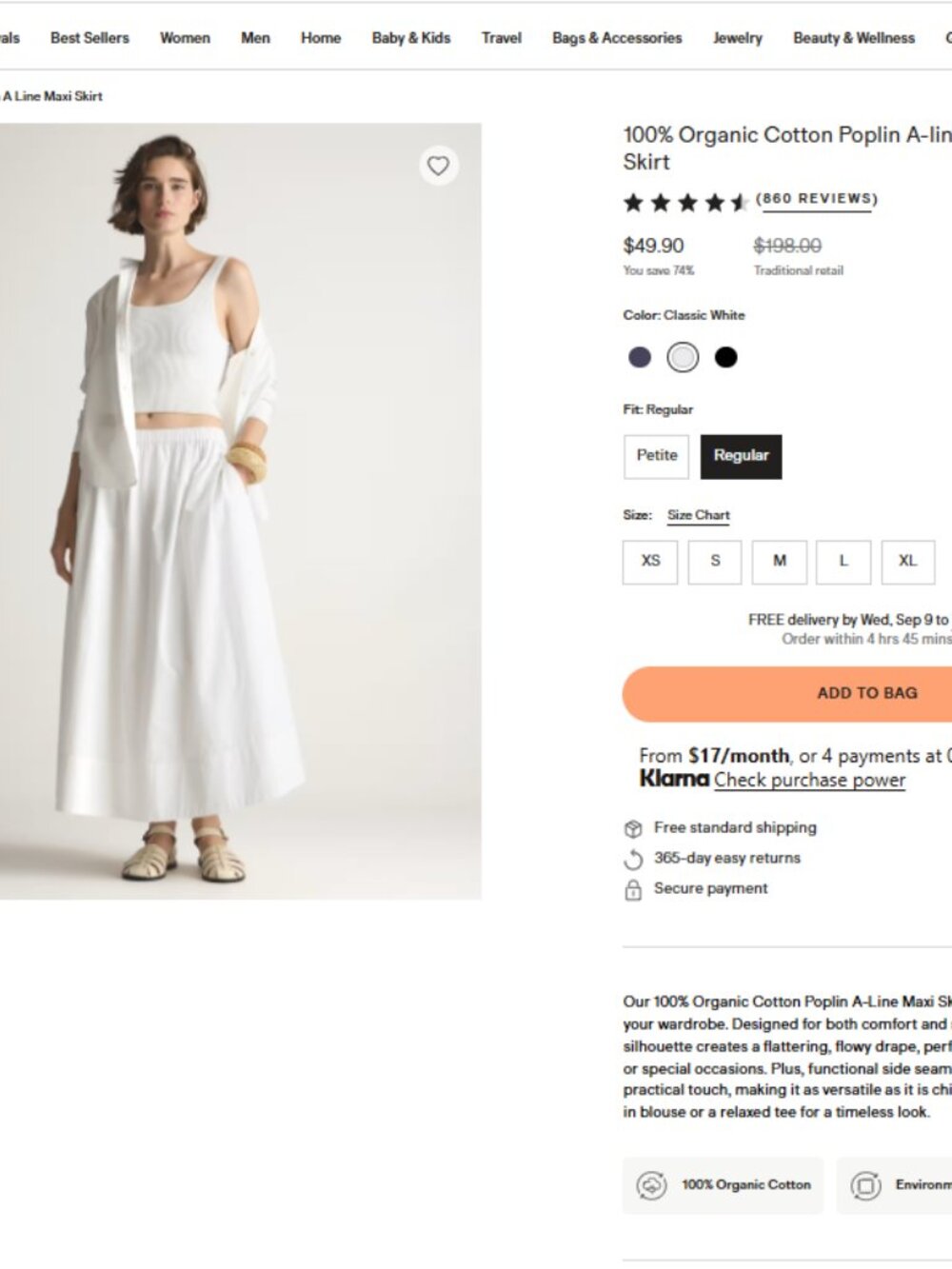 Quince 100% Organic Cotton Poplin A-line Maxi Skirt White - Picture 6 of 6